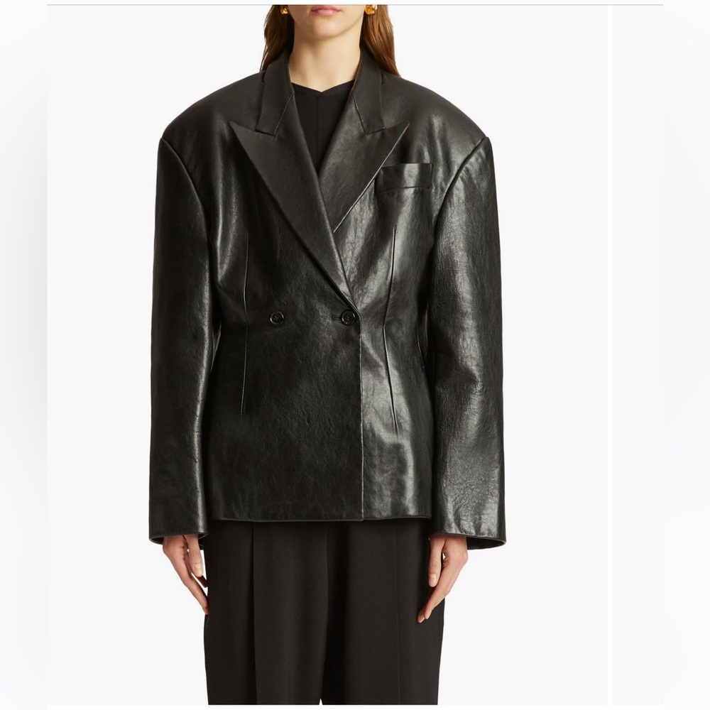 Khaite The Connie Oversize Double Breasted Leather Blazer in Black